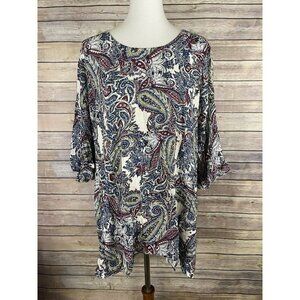 Umgee Large Paisley Print Tunic Top Strappy Back Ruffled Sleeves Boho Hippie